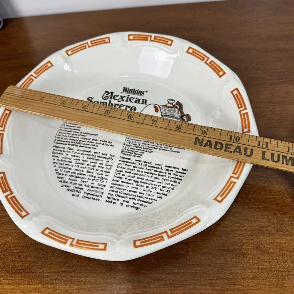 Watkins Mexican Sombrero Pie Recipe Ceramic Pie Plate Vintage USA 1983